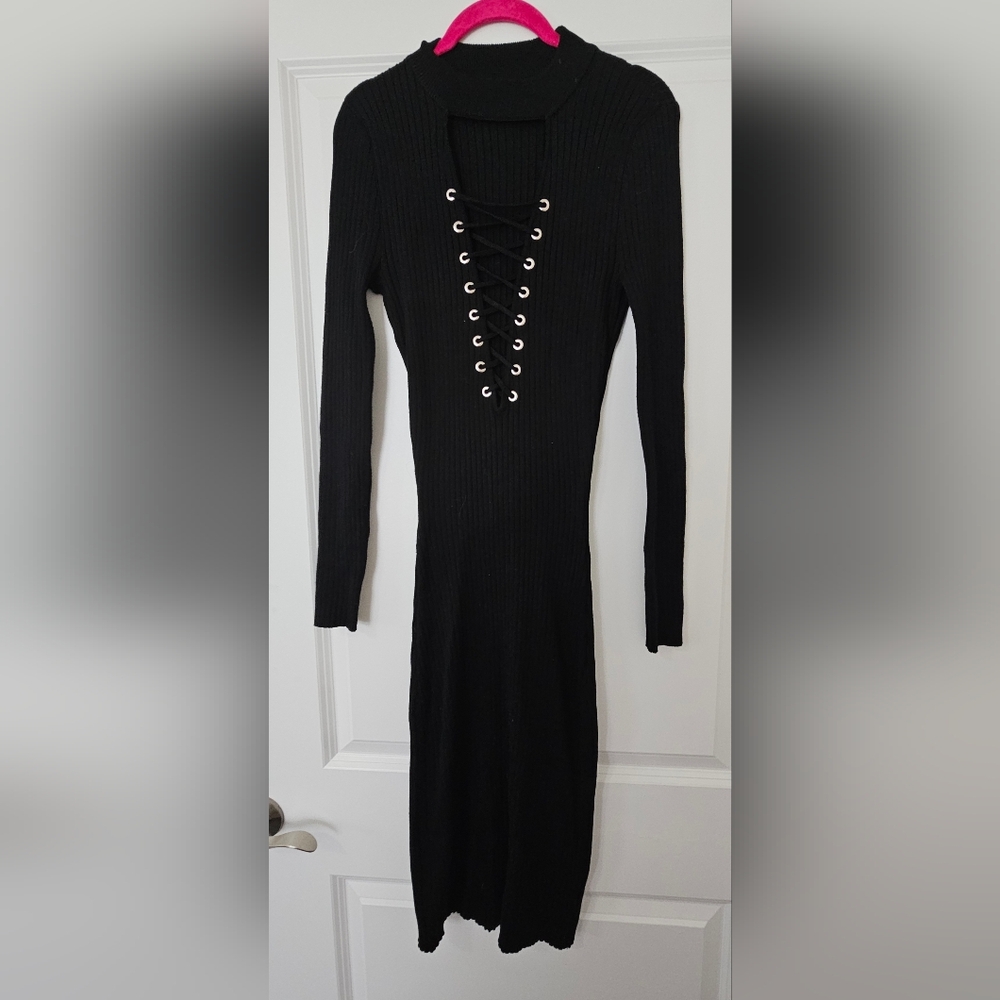 Almost Famous Black Ribbed Open Chest Long sleeve Dress Medium